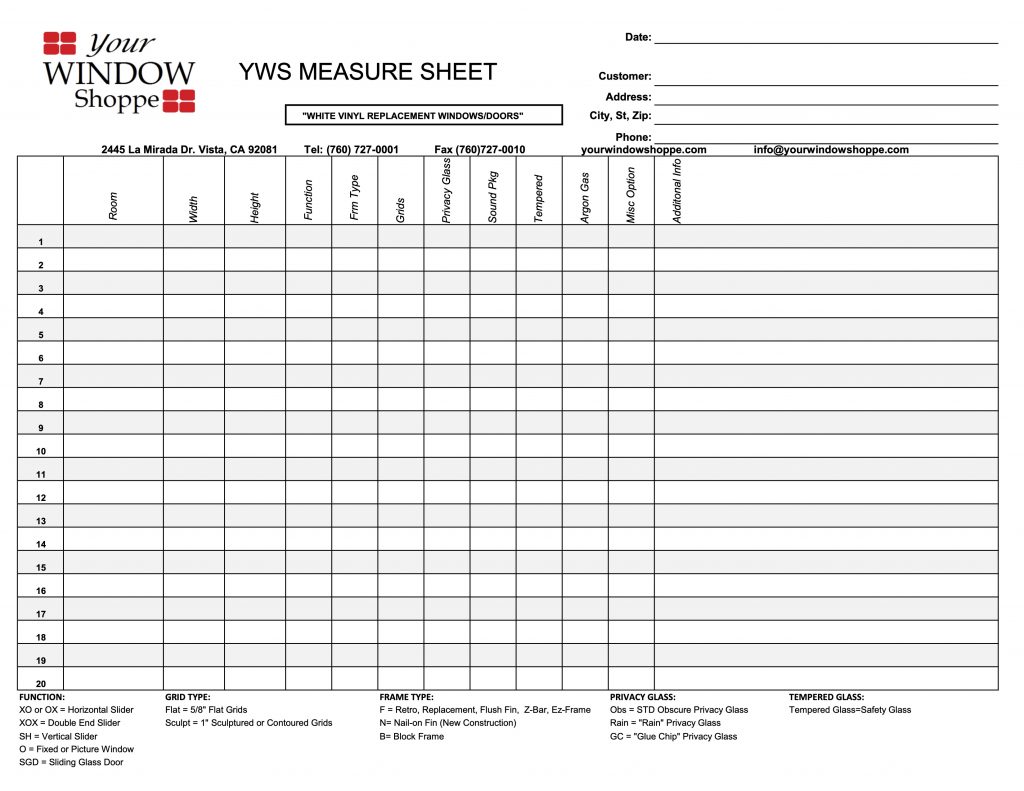 Rough Measure Sheet The Window Shoppe
